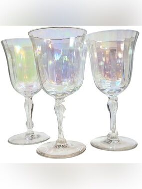Mid Century Set of 3 Iridescent Rainbow Beveled Tulip Wine Water Glasses